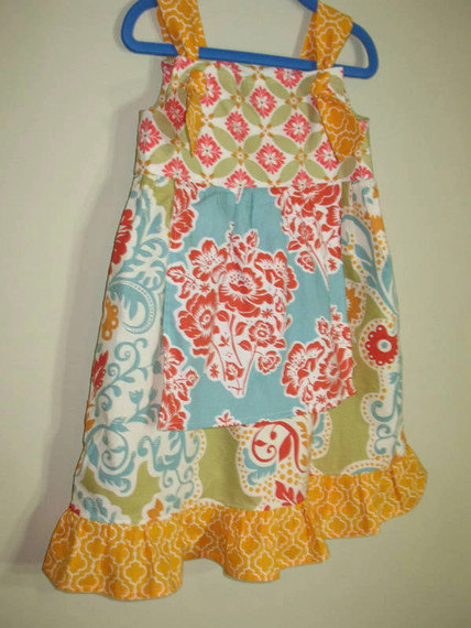 Girls Knot Dress Sundress Knot Dress Knot Patchwork Garden Floral Print Green Blue Yellow
