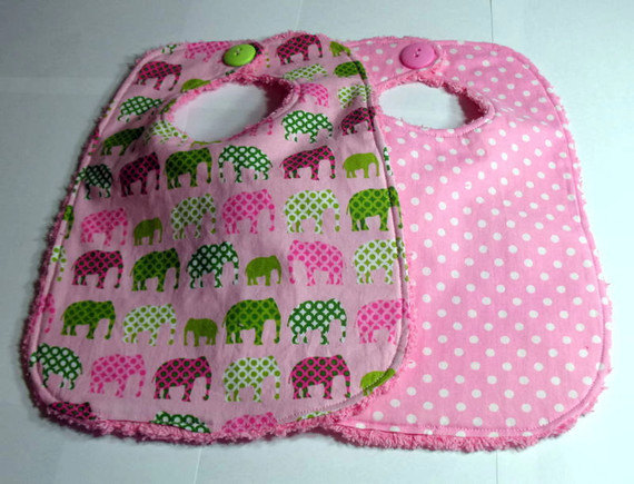 Baby Bibs Pink Polka dots and Pink Elephants Set of Two Bibs